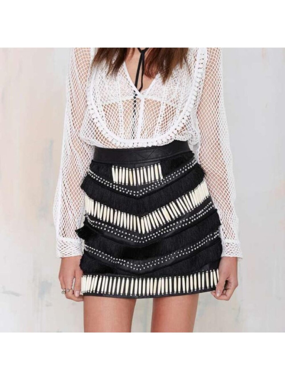 Nasty Gal Easy Rider Black Leather Embellished Fringe Mini Skirt XS